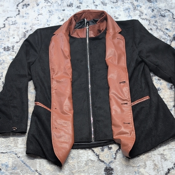 Manly XL Blazer Jacket Black Brown Faux Leather Trim Western Cowboy Style Coat - Picture 4 of 6